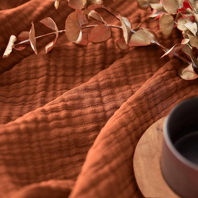 Simple&Opulence Cotton Muslin Throw Blanket for Bed, Couch, Knit Woven Gauze Blanket with Tassels, Soft Lightweight Cozy Pre-Washed Breathable Farmhouse Decoration for All-Season (Rust Orange)