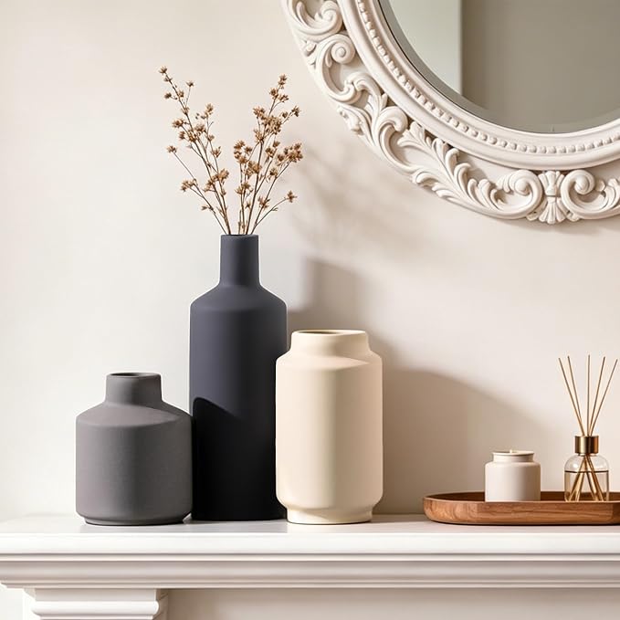 Ceramic Vase Set of 3, Modern Decorative Vases for Home Decor, Small Flower Pottery Vase Sets, Boho Farmhouse Rustic Vases for Living Room, Kitchen, Bedroom, Bathroom, Shelf, Table
