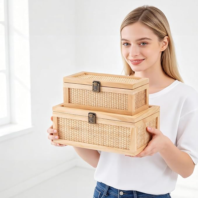 Rattan Decorative Boxes with Lids, Stackable Keepsake Box Set of 2 | Boho Decorative Box for Home Decor Secure Metal Latch Locks, Rustic Farmhouse Memory Box for Shelf, Photo, Wedding, Cards