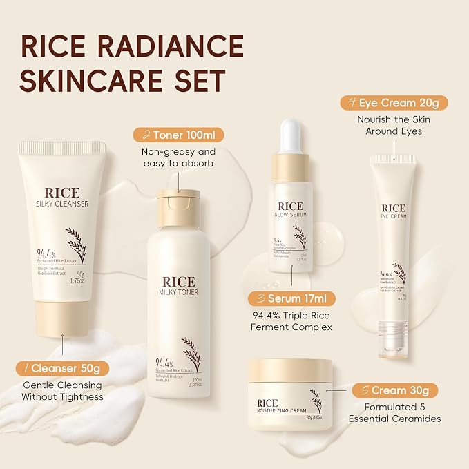 Korean Rice Radiance Skincare Set, 5 Piece Moisturizing Rice Skin Care | Silky Cleanser, Milky Toner, Glow Serum, Eye Cream, Moisturizing Cream