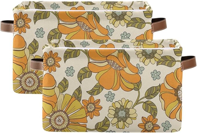 Aslsiy Storage Basket Vintage 70s Style Flowers Nursery Bins Baby Box Canvas Clothes Shelf Basket Laundry Hamper Gift Baskets for Home Closet 1 Pcs