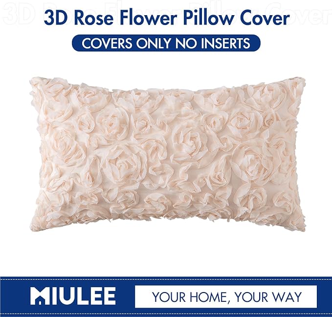 MIULEE Decorative Rose Flower Pillow Cover Pack of 1 Apricot Pink 12x20 | Cute Romantic Stereo Chiffon Throw Pillow Cover Aesthetic Solid Pillowcase for Girl Coquette Room Decor Coach Bedroom
