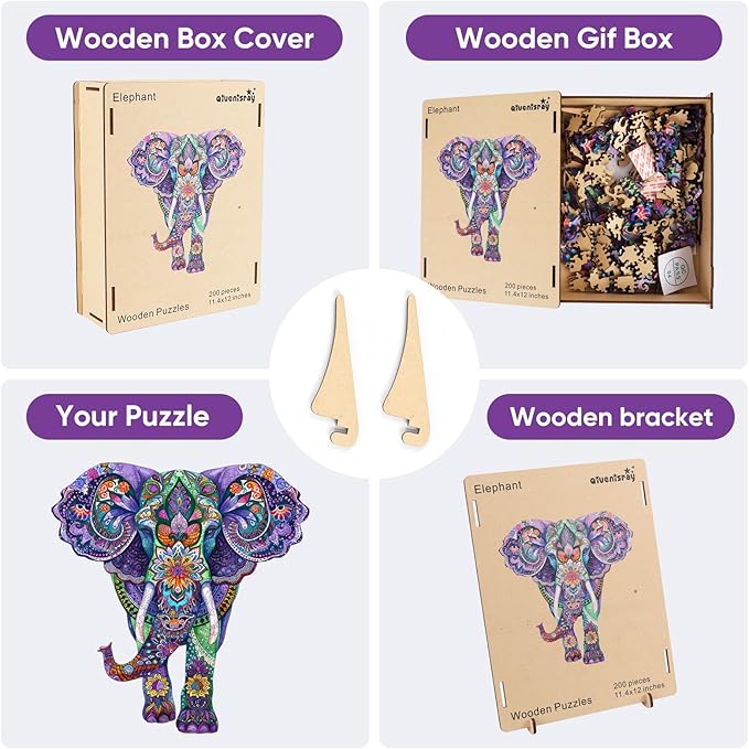 Qiuenisray Wooden Puzzles for Adults, Elephant Jigsaw Puzzles 200 Pieces, FSC Certified Wall Decor, Unique Shape Animal Adult Puzzles, Creative Gift for Family Game 12.4x11.4 in