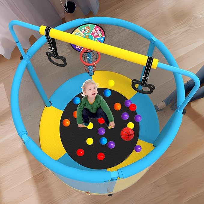 60" Trampoline for Kids, 5ft Toddler Mini 6-in-1 Trampoline Indoor Outdoor with Swing, Basketball Hoop, Dart Board, Rings, Christmas Toys Birthday Gifts for Girls Boys