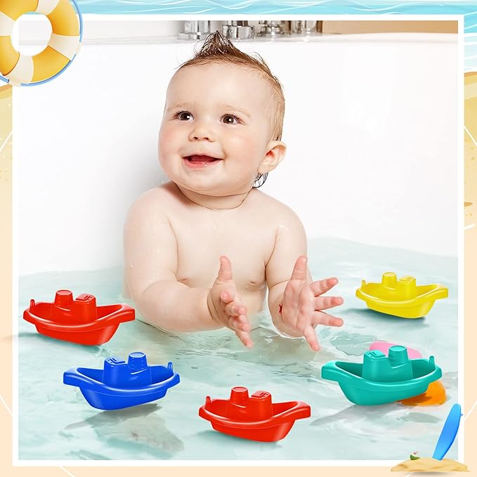 Woanger 60 Pcs Little Boat Bath Toys Stackable Floating Plastic Water Toys for Baby and Toddler Summer Pool and Bathtub Party, Vibrant, 4 Colors