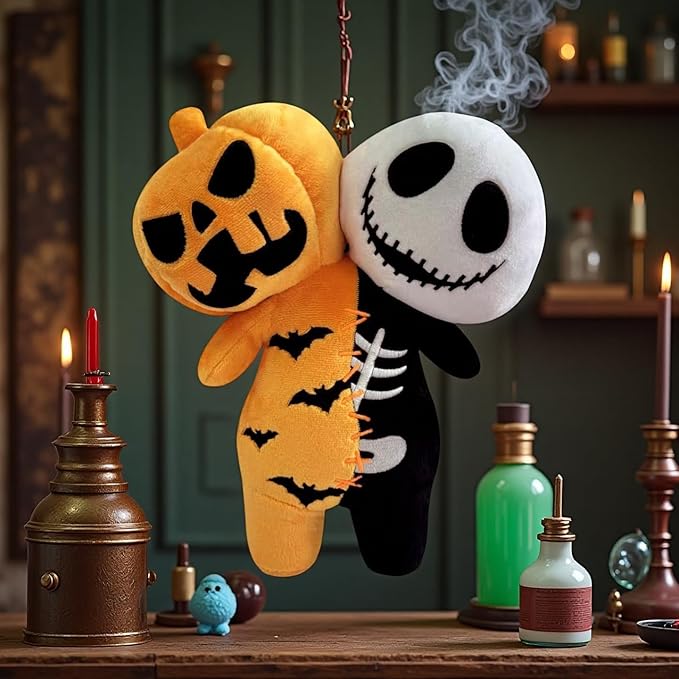 Horror Reversible Glow Plush Creepy Stuffed Animal Toy Scary Pumpkin & Skeleton Buddy Doll for Kids & Game Fans Great Gift for Birthday Halloween Christmas Party