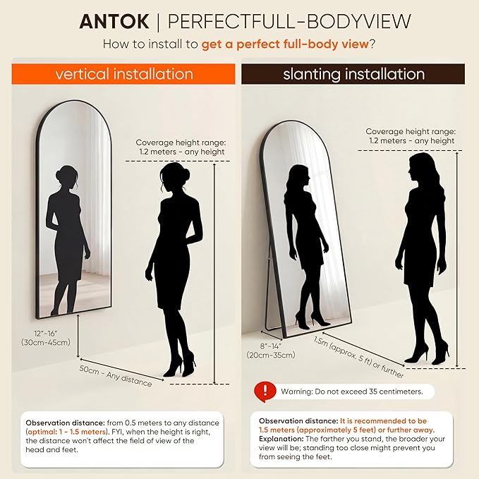 Antok 76" x34” Arched Full Length Floor Mirror, Black Aluminum Frame, Free Standing/Wall Mount/Leaning for Bedroom, Living Room, Dressing Room