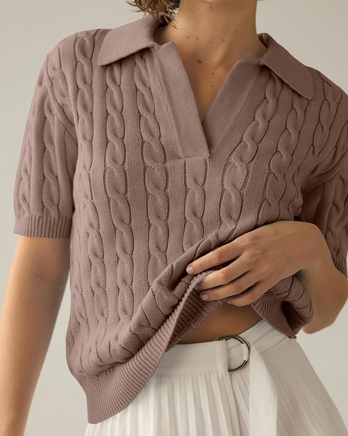 Imily Bela Womens Cable Short Sleeve Sweaters Tops Lapel V Neck Knit Shirt | Solid,Knit Casual,Soft Pullover,Fall Sweaters,Womens Summer Work Tops