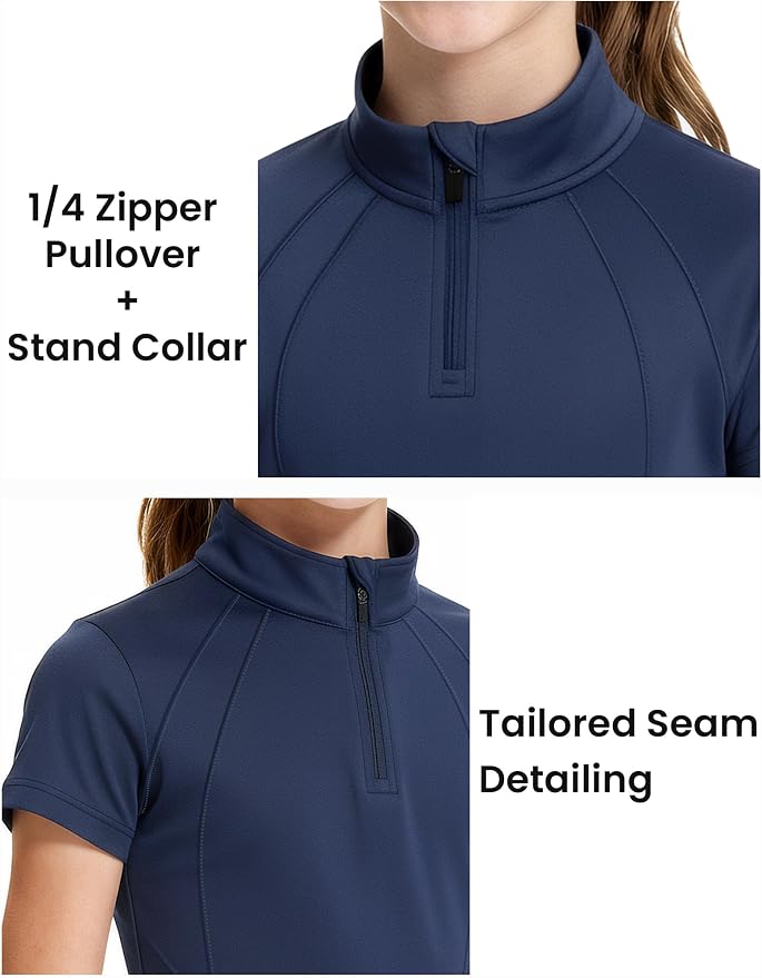 JOCMIC Girls Equestrian Shirt Short Sleeve Quick Dry Horse Riding Shirts Half Zip Horseback Show Shirt