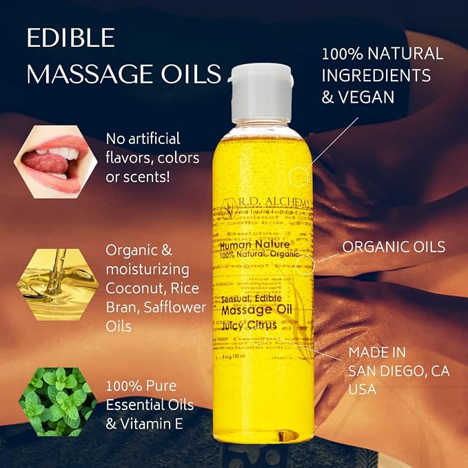 RD Alchemy - 100% Natural & Organic Edible Massage Oil - Fresh & Bright Flavor: Juicy Citrus - Lightweight, Silky Smooth Massage Oil with Natural Oils for a Soft, Sensual Glide and Mild Taste!
