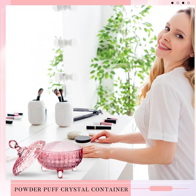 Tioncy 2 Pcs Extra Large Dusting Powder Puff and Container for Women-6'' Glass Crystal Dusting Powder Container with Body Soft Washable Reusable Velour Face(Pink,Weave Design)