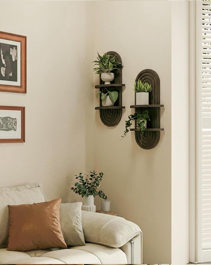 Bamworld Boho Wall Decor Plant Wall Shelf Wood Plant Holder Walnut 2PCS | Mid Century Modern Decor Hanging Plant Shelf Wooden Floating Shelves for Home Bedroom Living Room Holding Planter Decoration
