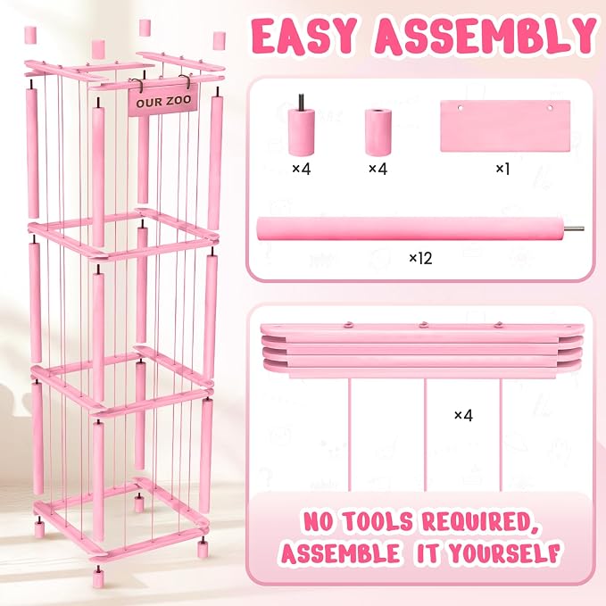 Woodure Stuffed Animal Storage & Organizer, Wooden Cute Zoo Toy Holder for Toddler Rooms, Playrooms & Bedrooms(Pink)