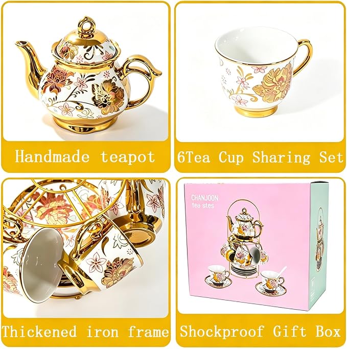 CHANJOON Gold Plated Red Rose Ceramic Tea Set, Vintage Tea Sets with Teapot, Beautiful Tea Set Coffee Serving 6 People (pink, Medium)