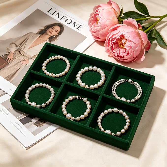 Velvet Jewelry Trays for Drawers, Dark Green 6 Grids | Stackable Jewelry Drawer Organizer, Ring Earring Necklace Bracelet Holder Organizer Display Tray with Removable Dividers