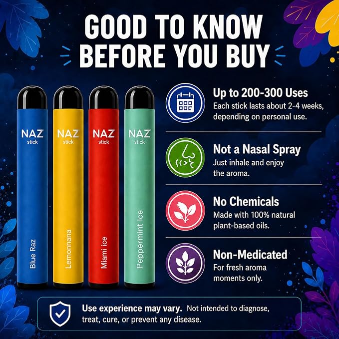 Naz Menthol Herbal Nasal Stick - Spearmint, Camphor, Eucalyptus Extracts w/Mist Electric Nasal Inhaler for Aromatherapy, ICY Refreshing & Instant Focus Herbal Diffuser Pen - 3Pak