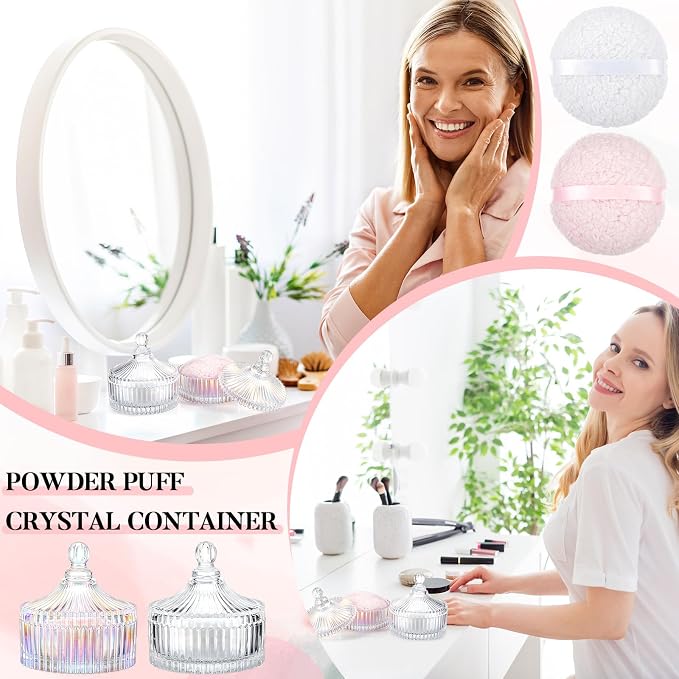 Tioncy 2 Set Extra Large Body Powder Puff and Container, 6'' Washable Vintage Decorative Crystal Powder & Container Gift for Bathroom Counter & Feminine Vanity Decor(Classic,Dazzling and Clear)