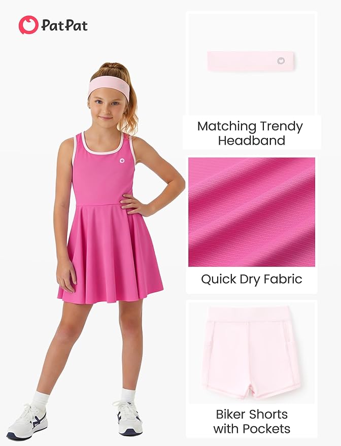 PATPAT Girls Athletic Dress Tennis Summer Outfit with Headband & Shorts | Quick-Dry RapidAir-C Fabric, Lightweight Breathable Golf Dress, Sweat-Wicking 2 Piece sets, Two Hidden Pockets