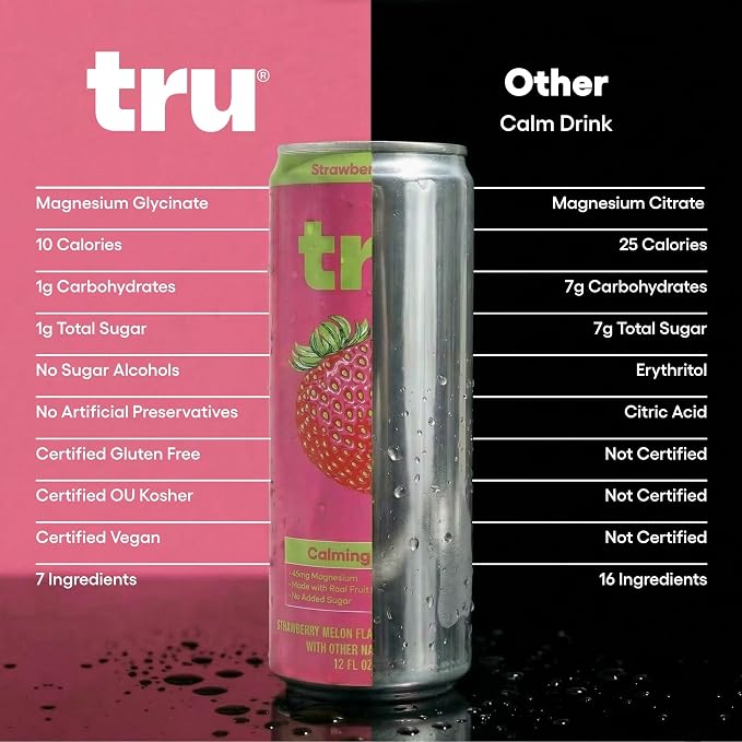 Tru Calming Drink, Magnesium Glycinate Sparkling Water with Real Fruit Juice, Strawberry Melon Flavored Seltzer, Caffeine Free, No Added Sugar, Keto, Vegan, Kosher, Gluten Free, 12 Fl Oz (Pack of 12)