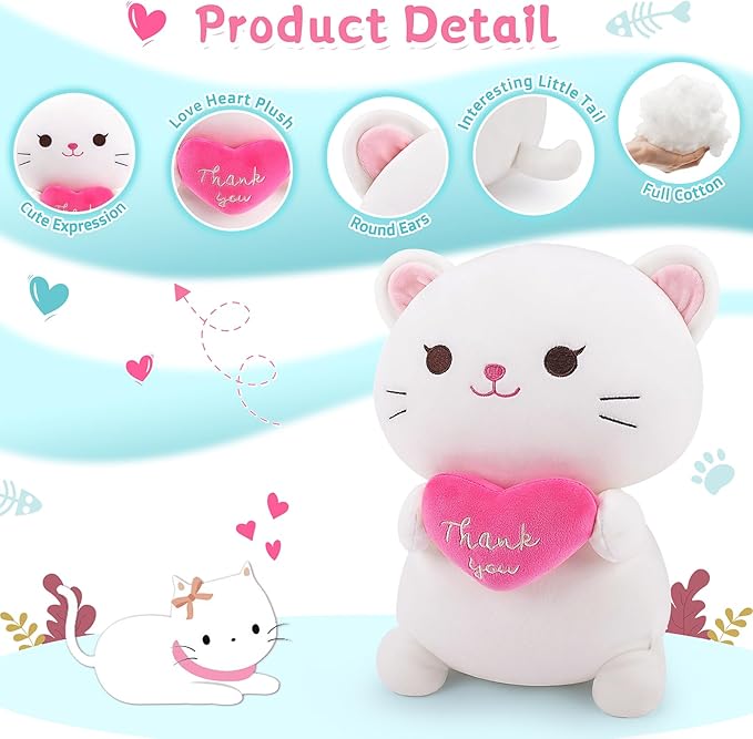 Achwishap Cat Stuffed Animal-Thank You Cat Plush,14” Cats Plush Toys Birthday Gifts for Kids,Cute Plushies Soft Kitten Plushies Kawaii Stuffed Huggging Pillow,Gratitude Animal Pillow for Adults,White