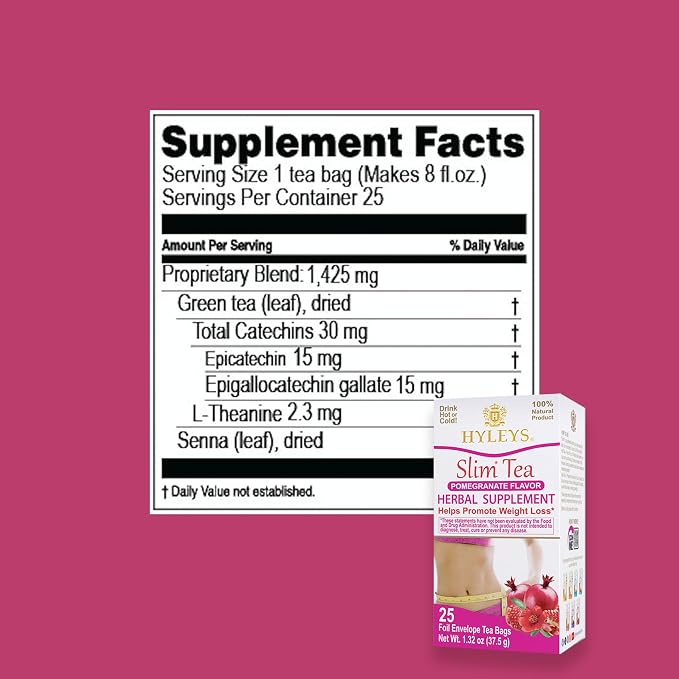 Hyleys Slim Tea Pomegranate Flavor - Weight Loss Herbal Supplement Cleanse and Detox - 25 Tea Bags (12 Pack)