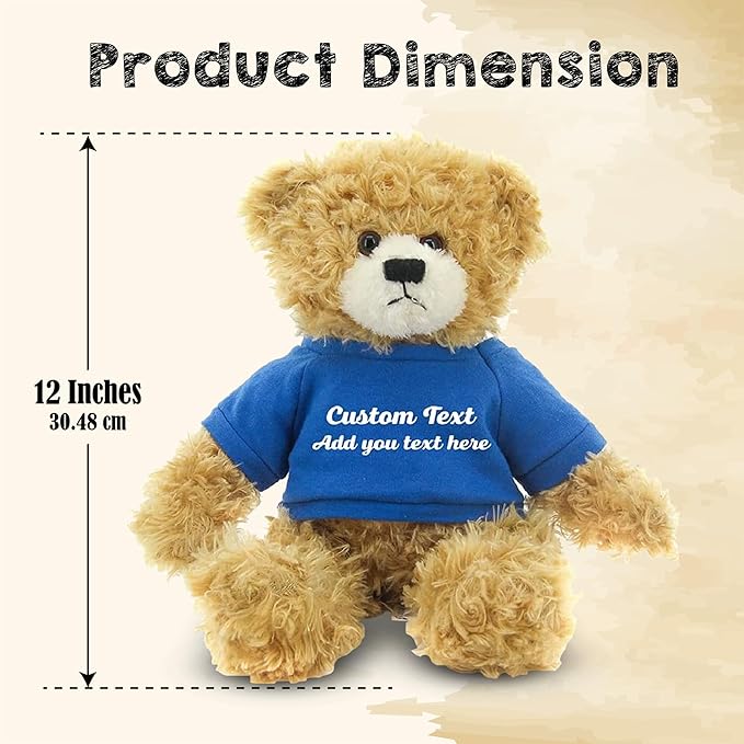 Customized Beige Brandon Bear - 12 inch Personalized Stuffed Bear Plush Toy - Perfect Custom Shirt Bear Gift for Graduation Valentines Graduation Easter Holidays (Royal Blue Shirt)