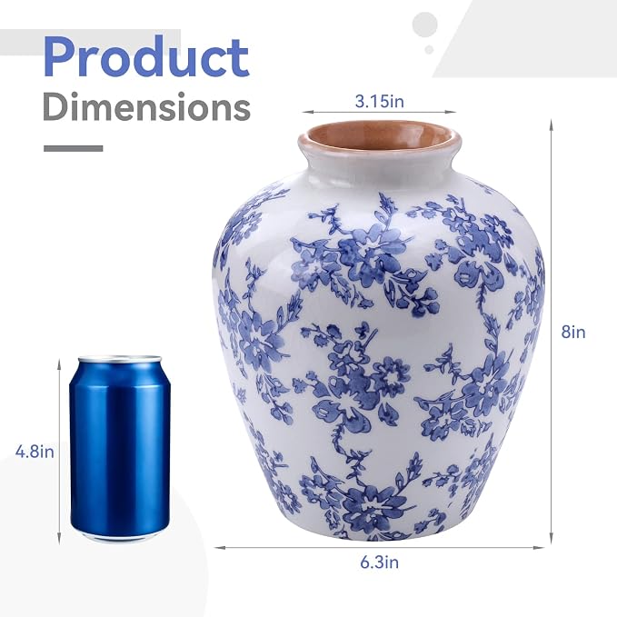 Ceramic Flower Vase Home Decor,8 Inch Blue and White Porcelain Vases,Vintage Table Vase for Farmhouse Rustic Living Room Kitchen Bedroom Shelf Office Desk Coffee Dining Fireplace