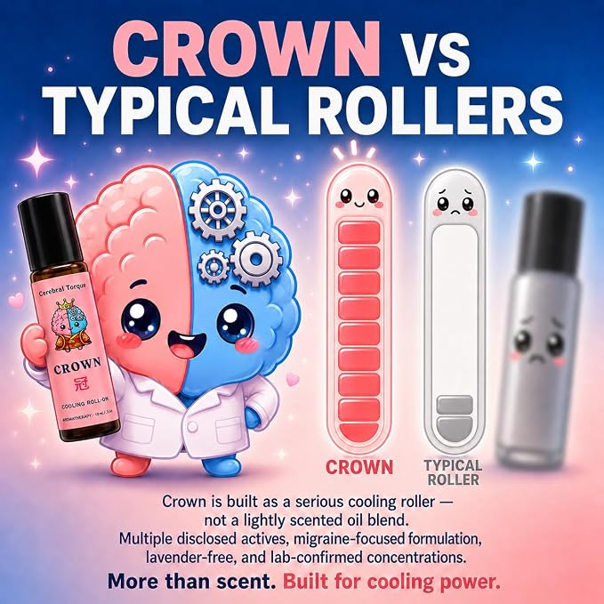 Crown Cooling Migraine and Muscle Aromatherapy Roll-On - Menthol, Magnesium, Bing Pian & Chuan Xiong Evidence-Based Blend | Lavender-Free | 10mL