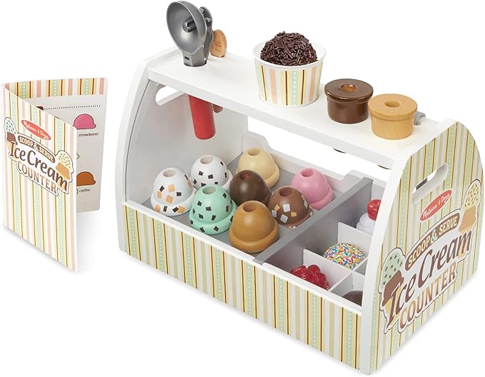 Melissa & Doug Wooden Scoop & Serve Ice Cream Counter, Pretend Play Store, 28 Toy Food & Play Kitchen Accessories, Preschool Toys for Girls & Boys 3+