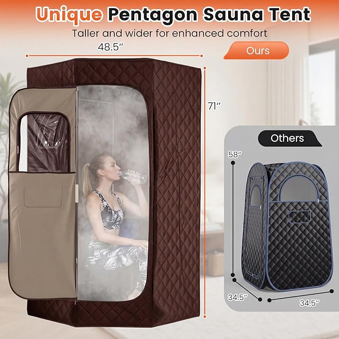 Giantex 3L Portable Steam Sauna, Fast-Heat Large Pentagon Sauna Box for Home, 9-Level Remote Control, 99-Min Timer, Folding Chair, Foot Roller, Mat, 35.5" x 35.5" x 71" Sauna Tent (Brown)