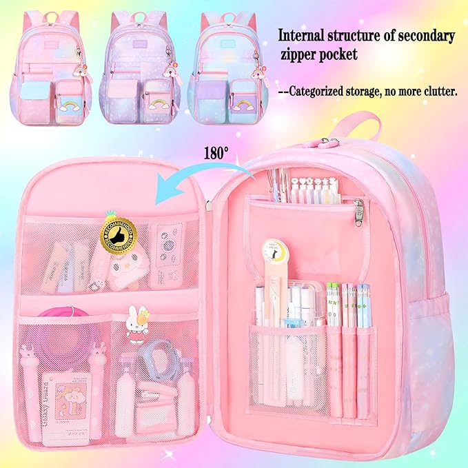 Pink Kawaii Backpack Starry Rainbow Bookbag Cute Large Capacity Backpack Multifunction Fashion Casual Laptop Travel Bag For Girl (Pink-17inch)