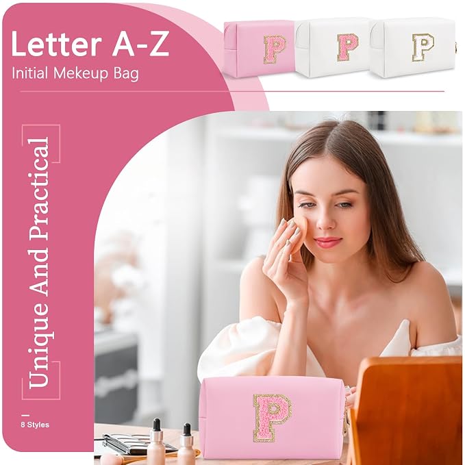Personalized Initial A-Z Preppy Patch Makeup Bag,Small PU Leather Chenille Letter Cosmetic Bag with Zipper for Teen Girls,Pink Cute Travel Toiletry Bag,Birthday Monogrammed Gift for Daughter,Letter P