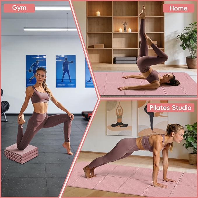 PAIDU Foldable Yoga Mat for Travel, 70"x24"x0.31" (8MM) TPE Double-Sided Non-Slip Pilates Mat with Carrying Bag for Yoga, Pilates, Fitness and Home/Outdoor Workouts