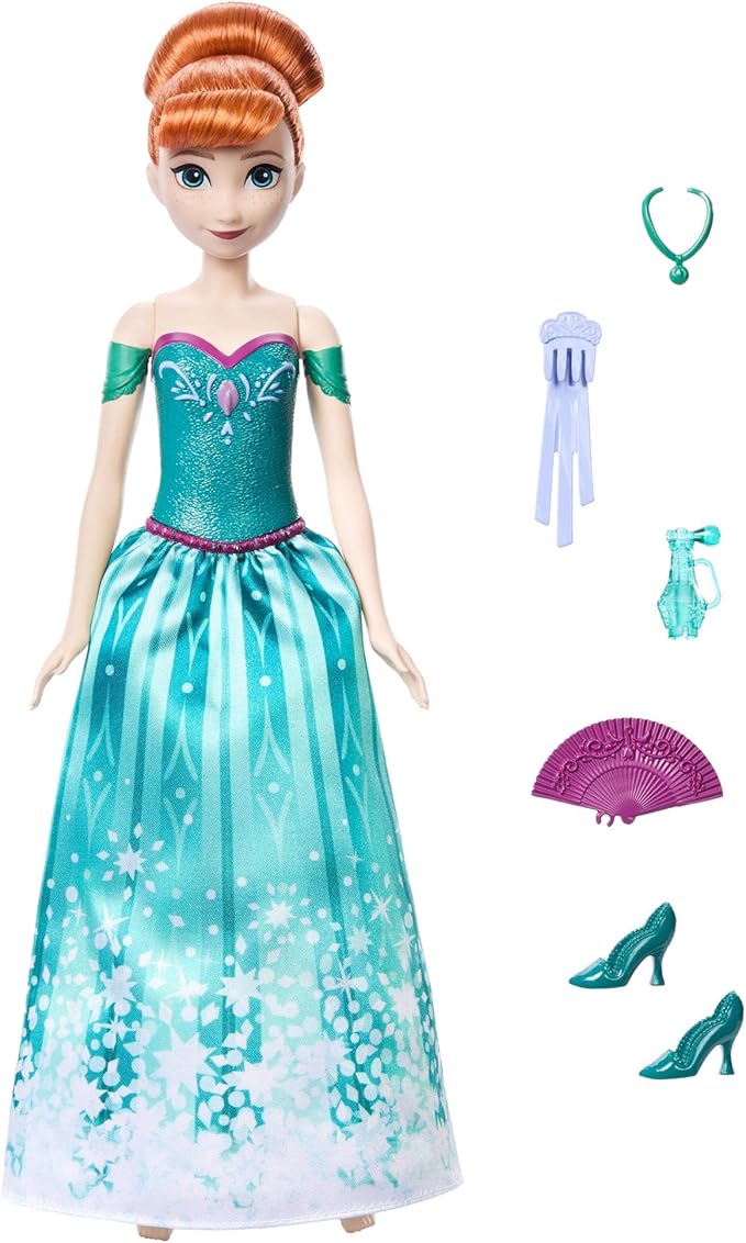 Mattel Disney Frozen Anna Fashion Doll Set, Spin & Reveal with 11 Surprises Including 5 Accessories, 5 Stickers & Play Scene, Inspired by Disney Movie