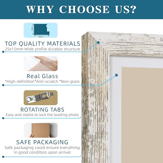 Hongkee 8x8 Picture Frames Set of 4, Made of Glass and Distressed White Wooden Frame - Display Picture 6x6 with Mat or 8 x 8 Without Mat, 8 by 8 Photo for Wall or Tabletop