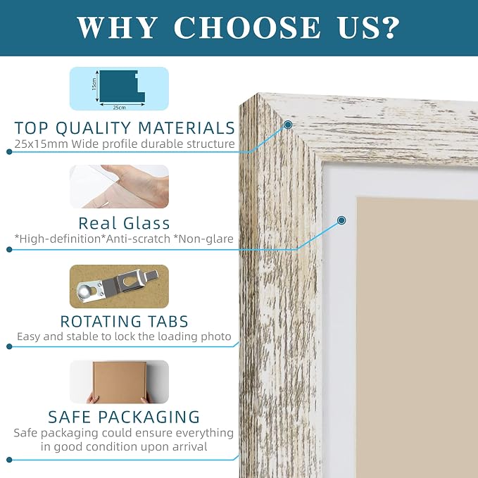 Hongkee 8x8 Picture Frame Set of 4, Made of Glass and Multicolour Wooden Frame, 8 by 8 Photo for Wall or Tabletop - Display Picture 6x8 with Mat or 8x8 Without Mat