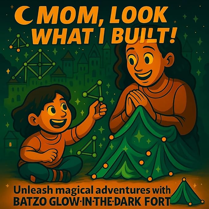 Batzo Glow-in-The-Dark Small Fort Building Kit (122 Pcs) โ Sturdy Rods & Connectors Construction Set | Creative and Learning STEM Toy, Easy to Build Indoor Playhouse for Kids Ages 4+