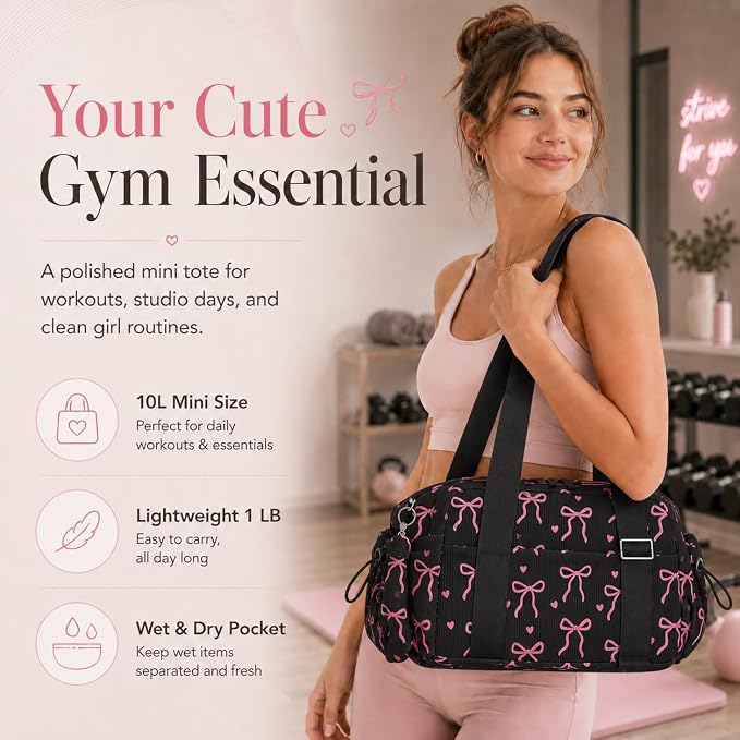 LOIDOU Aesthetic Dance Bag for Girls Corduroy Lightweight Bow Ballet Gymnastic Bag, Small Gym Bag for Women with Wet Dry Pocket, Cute Tote Bag Gifts for Birthday Christmas