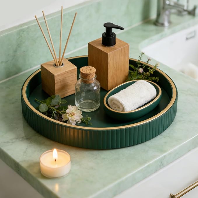 Leather Tray Desktop Storage Organizer, Round Valet Tray, Green | Premium Serving Trays Decorative Tray Desk Organizer for Sundries Cosmetics Phone Wallet Keys Cutlery, 10x10in