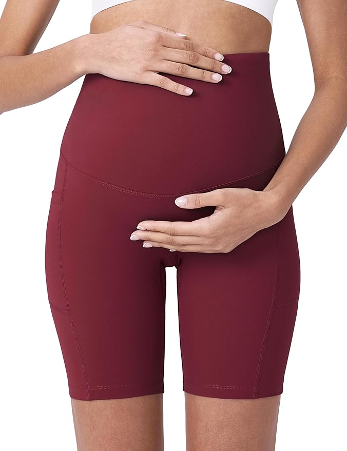 POSHDIVAH Women's Maternity Yoga Shorts Over The Belly Bump Summer Workout Running Active Short Pants with Pockets 5"/8"