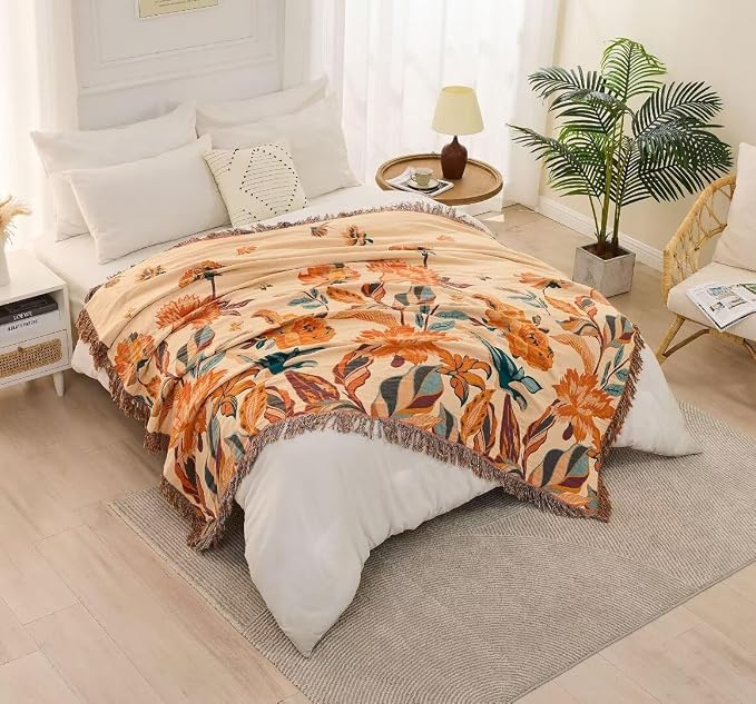 Boho Throw Blanket for Bed 100% Cotton Bohemian Blankets Ultra Soft Woven Muslin Decorative Blankets All Seasons Vintage Quilt Knitted Blanket for Sofa Chair(Orange, 80"x90")