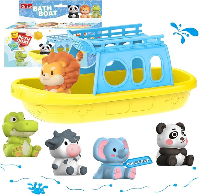 Oriate Bath Toys Set for 1+ Year Old, 5PCS Mold Free Silicone Animal Finger Puppets with BPA Free Boat, Montessori Sensory Learning Water Pool Bathtub Beach Toy, Summer Party Favors for Kids Toddlers