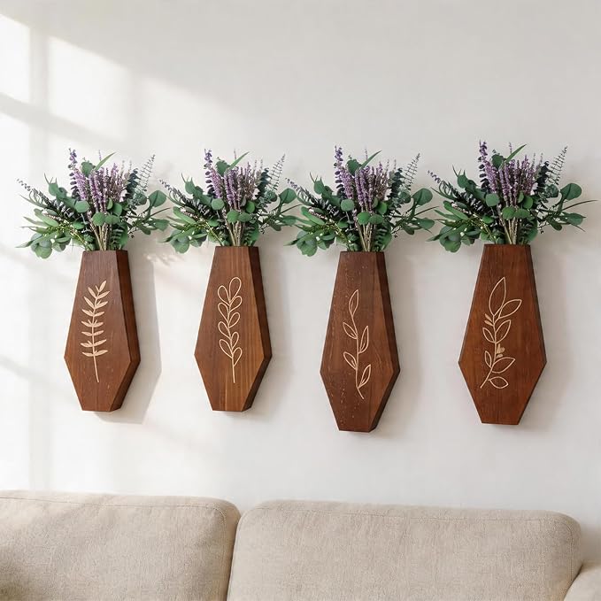 Wood Wall Vase 4 Pack, Modern Farmhouse & Boho Wall Decor Wooden Hanging Planter Set, Minimalist Mounted Vase for Living Room, Entryway, Hallway, Bathroom, Dining Room(Brown)