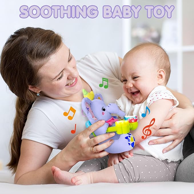 Baby Bilingual Musical Elephant Stuffed Animals Toys,Infant Early Learning Toy with Light-Up Music & Crinkle,Tummy Time Toys for 0 3 6 9 12+ Months for Baby Boy Girl Gift,Purple