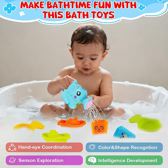 Baby Bath Toys for Kids Ages 1-3, 16 PCS Mold Free Bath Toys for Toddlers with Floating Boats,Watering Can,Water Cup Set& Bath Spoons, Bathtub Water Pool Toys for Babies and Toddlers