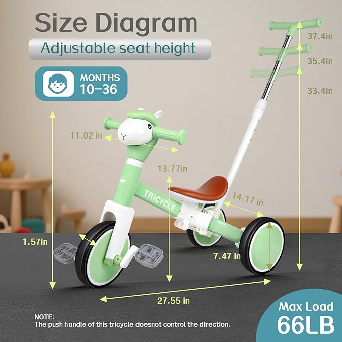 Tricycle for Toddlers 1-3 Year Olds, 5 in 1 Toddler Balance Bike 2-4 Years Old Boys Girls, Push Trike Toys with Adjustable Handle, Birthday Gifts for 2 3 4 5 Year Old Kids Bike (Light Green)