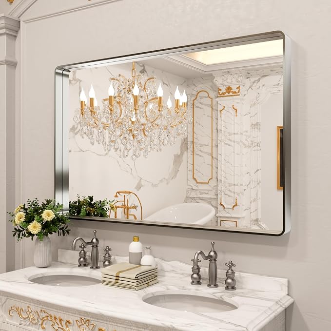 LOAAO 55X36 Inch Brushed Nickel Bathroom Mirror | Rounded Rectangle, Silver Metal Frame, Anti-Rust, Tempered Glass, Hangs Horizontally or Vertically