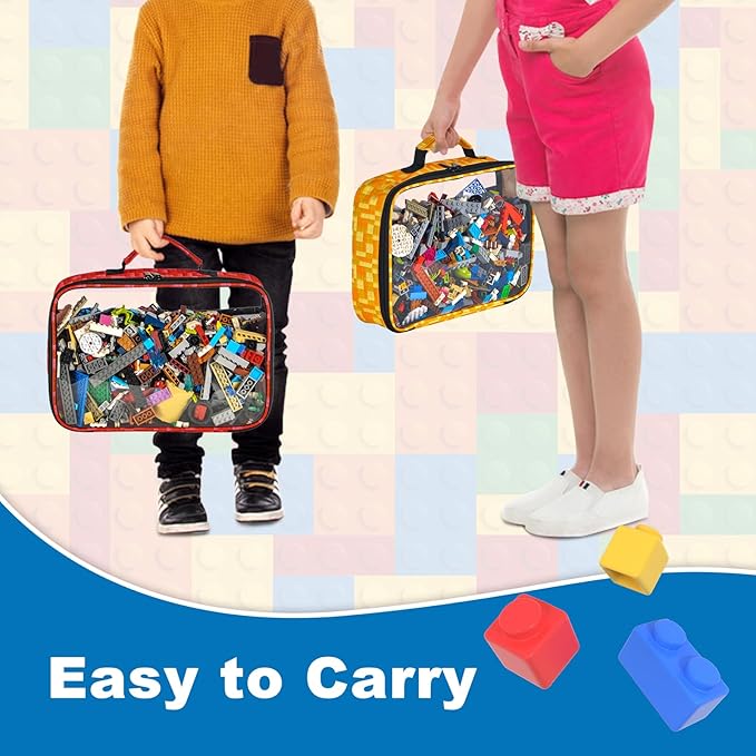 5 PCS Toys Storage Bags for kids,Travel Organizer Pouch Case for Lego Bricks, Puzzles, Building Blocks,Waterproof Colorful Print Design with Handle (Transparent)
