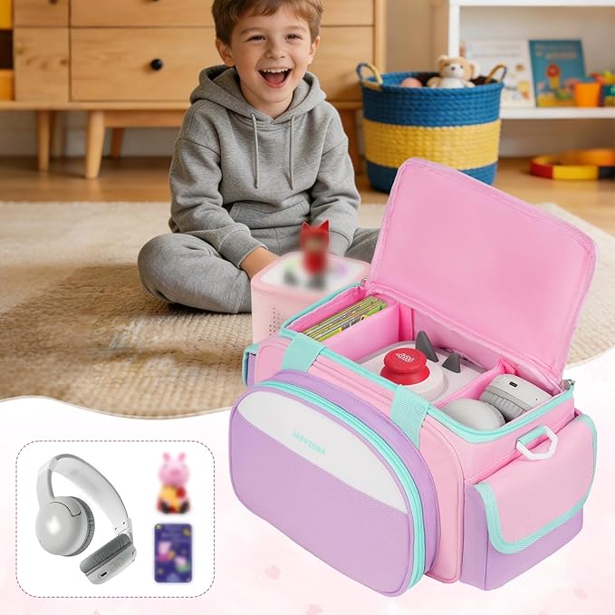 Compact Carrying Case Fits for Toniebox 2, Cute Storage Bag Compatible with Toniebox 2 & 1 Audio Player, Tonies Characters and Accessories, Pink&Purple(Bag Only)