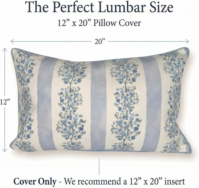 “The Juliet” Floral Block Print Pillow Cover – Soft Blue and Off-White Decorative Throw Pillow Cover – Grandmillennial Home Decor, 12"x20"